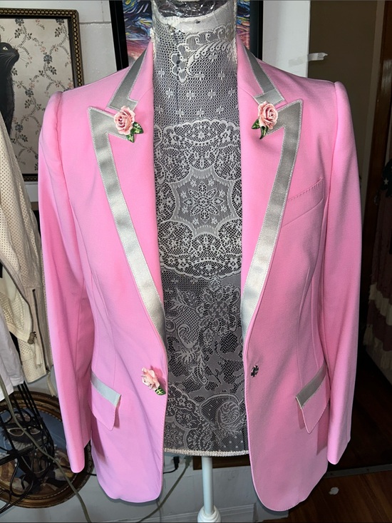 Dolce & Gabbana Tops - Dolce & Gabbana Pink Satin-Trim Blazer with Floral Pins